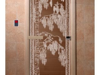 Дверь бан. DW 2000*700 кор. ольха-липа, БРОНЗА, с рис. Березка, левая (01974)