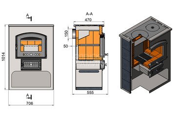 Печь-Камин ВЕЗУВИЙ ПК-03 (224) с плитой бежевый 12 кВт (200 м3) Ø150мм 2