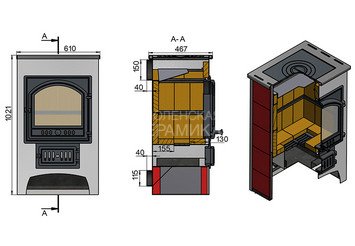 Печь-Камин ВЕЗУВИЙ ПК-01 (205) с плитой и т/о беж. 12 кВт (200 м3) Ø 150 мм 3
