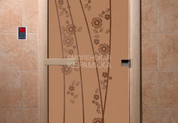 Дверь бан. DW 1900*700 кор. ольха-липа, БРОНЗА МАТОВОЕ с рис. Весна цветы, левая 1
