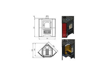 Печь-Камин ВЕЗУВИЙ ПК-01 (220) угловой красн. с конфоркой 9 кВт (150 м3) Ø 115мм 2