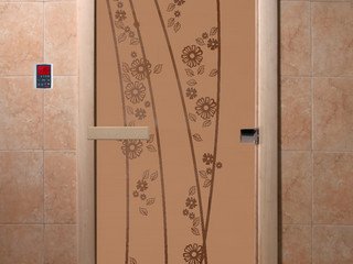 Дверь бан. DW 1900*700 кор. ольха-липа, БРОНЗА МАТОВОЕ с рис. Весна цветы, левая