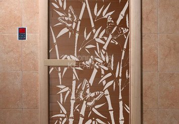 Дверь бан. 6мм DW 1900*700, 2 петли, кор. хвоя, БРОНЗА с рис. Бамбук и бабочки (01216), 6мм 1
