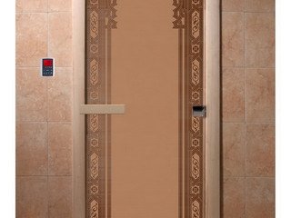 Дверь бан. DW 2000*800 кор. ольха-липа, БРОНЗА МАТОВОЕ с рис. Восточная арка (01804)