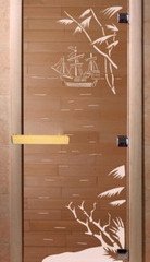 Дверь бан. DW 1900*700 кор. ольха-липа, кедр БРОНЗА с рис. Голубая лагуна, (00041)