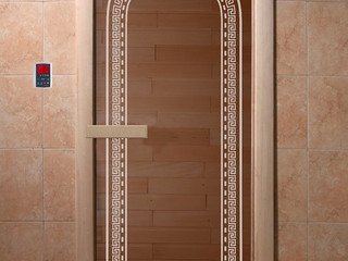 Дверь бан. 6мм DW 1900*700, 2 петли, кор. хвоя, БРОНЗА с рис. Арка (01215), 6мм