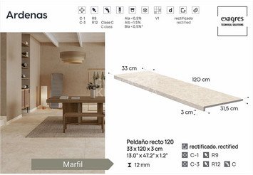 Ступень прямая противоскользящая Peldano recto 120, C3 Exagres Ardenas Marfil 2