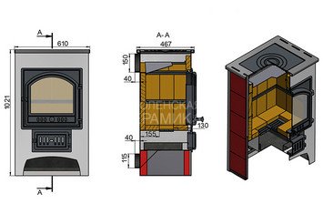 Печь-Камин ВЕЗУВИЙ ПК-01 (205) с плитой, амфиболит 12 кВт (200 м3) Ø 150 мм 3