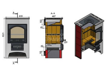 Печь-Камин ВЕЗУВИЙ ПК-01 (205) с плитой беж. 12 кВт (200 м3) Ø 150 мм 3