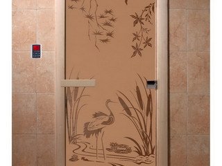 Дверь бан. DW 2000*800 кор. ольха-липа, БРОНЗА с рис. Камышовый рай, (00046) левая