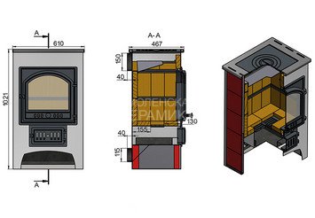Печь-Камин ВЕЗУВИЙ ПК-01 (205) с плитой и т/о красн. 12 кВт (200 м3) Ø 150 мм 3