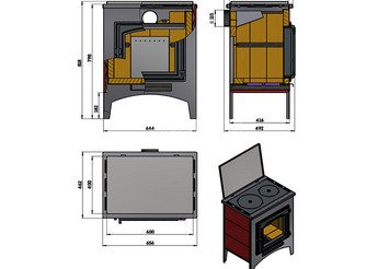 Печь-Камин ВЕЗУВИЙ ПК-04 (240) с плитой бежевый 12 кВт (200 м3) Ø115мм 3
