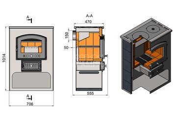 Печь-Камин ВЕЗУВИЙ ПК-03 (224) с плитой красный 12 кВт (200 м3) Ø150мм 2