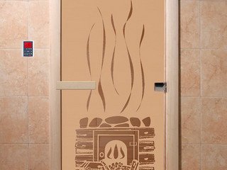 Дверь бан. DW 2000*800 кор. ольха-липа, БРОНЗА МАТОВОЕ с рис. Банька (00066)